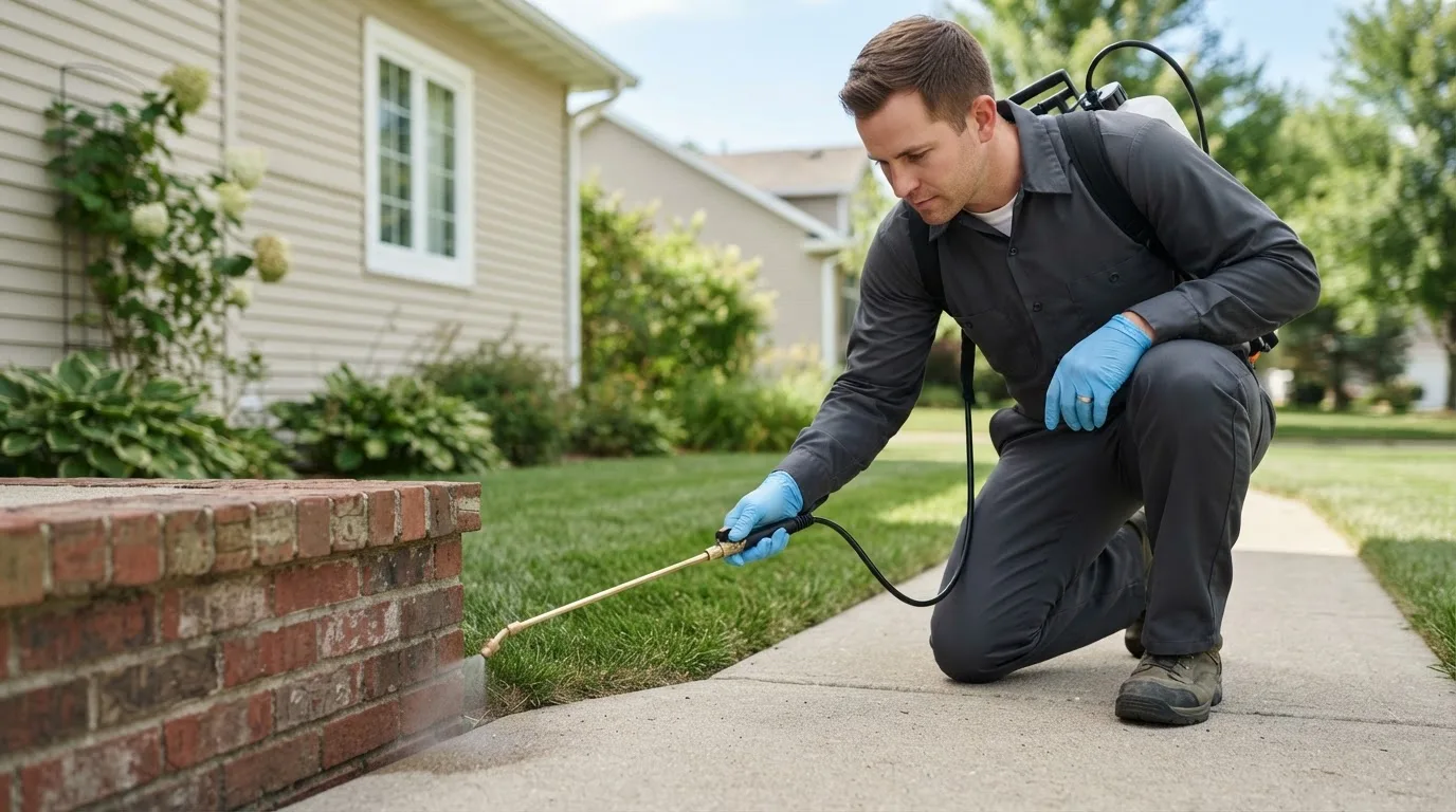 Pest control technician treating a home near Poquoson, VA
